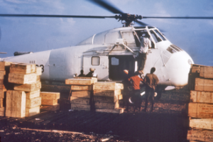 Helicopter unloading relief supplies during the Nigerian Civil War