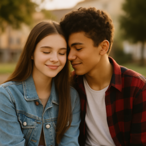 A young couple sharing a tender moment outdoors, capturing the essence of teenager love.