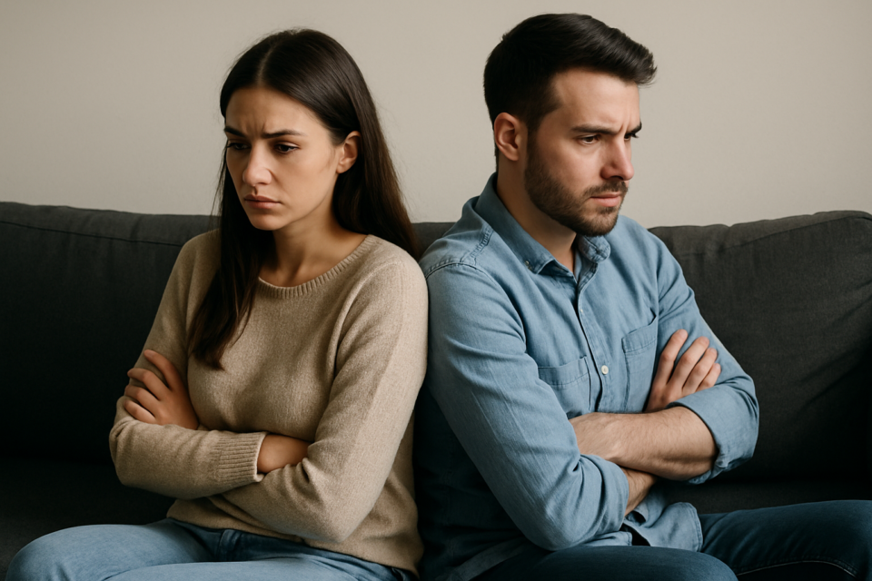 Unhappy couple sitting back-to-back on a sofa, showing signs of strain in their relationship.
