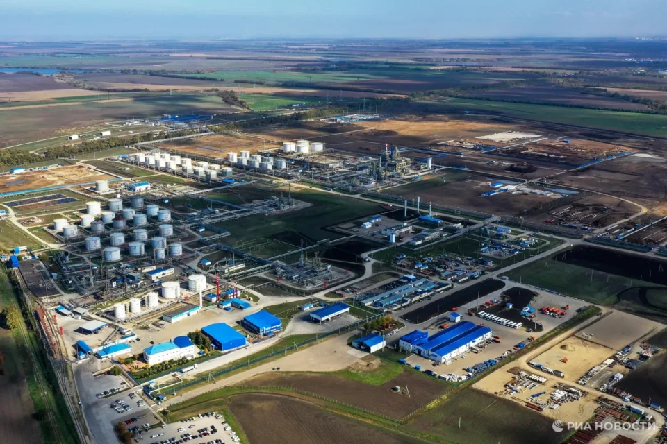 Aerial view of Ilsky Oil Refinery in Krasnodar Krai, Russia.