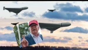 Putin ; Russian military aircraft bombing Ukraine with Trump pointing and speaking in protest