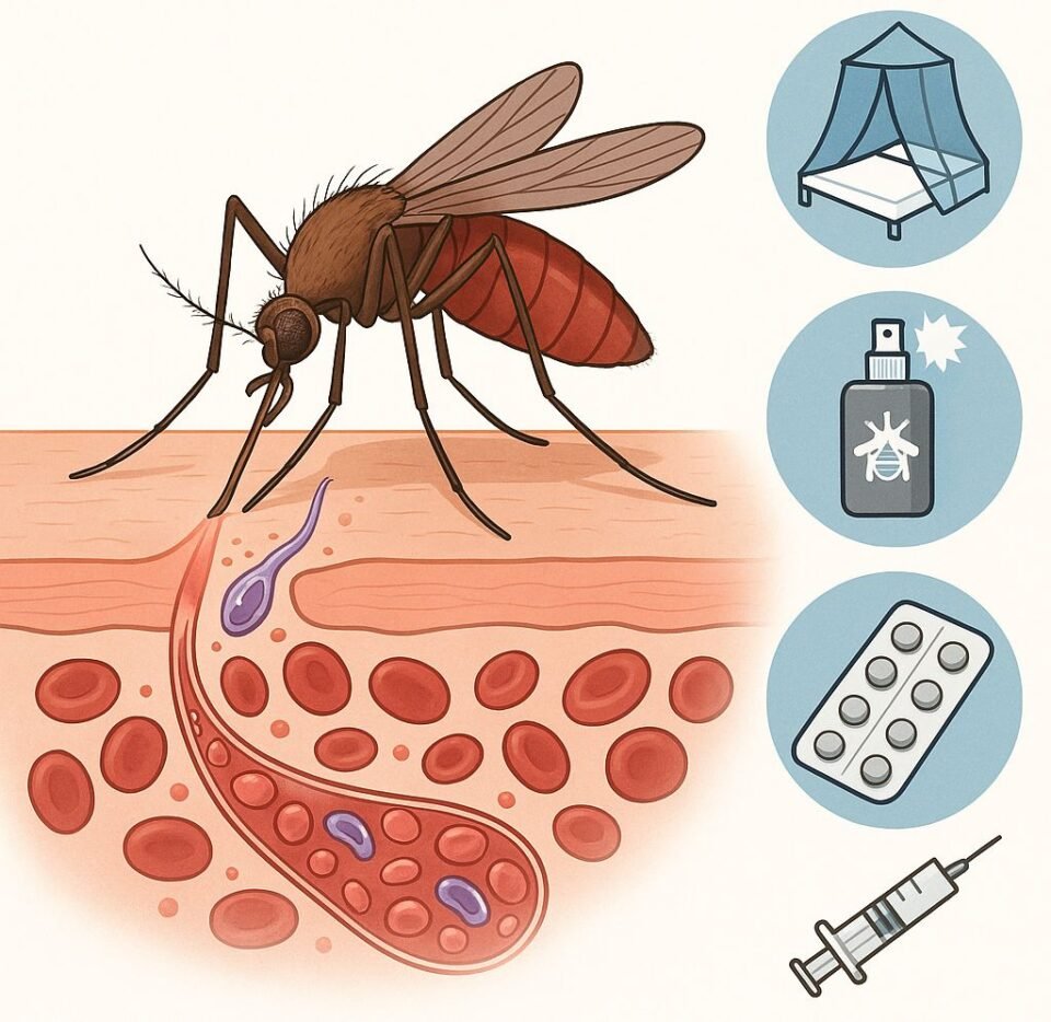 Illustration of malaria transmission by a mosquito bite, with visible Plasmodium parasites and prevention symbols including mosquito net, repellent, antimalarial drugs, and a vaccine.