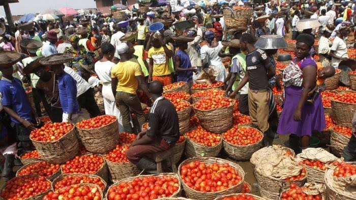 Nigeria inflation rate . Crowded tomato market in Nigeria, reflecting rising food prices despite drop in inflation rate